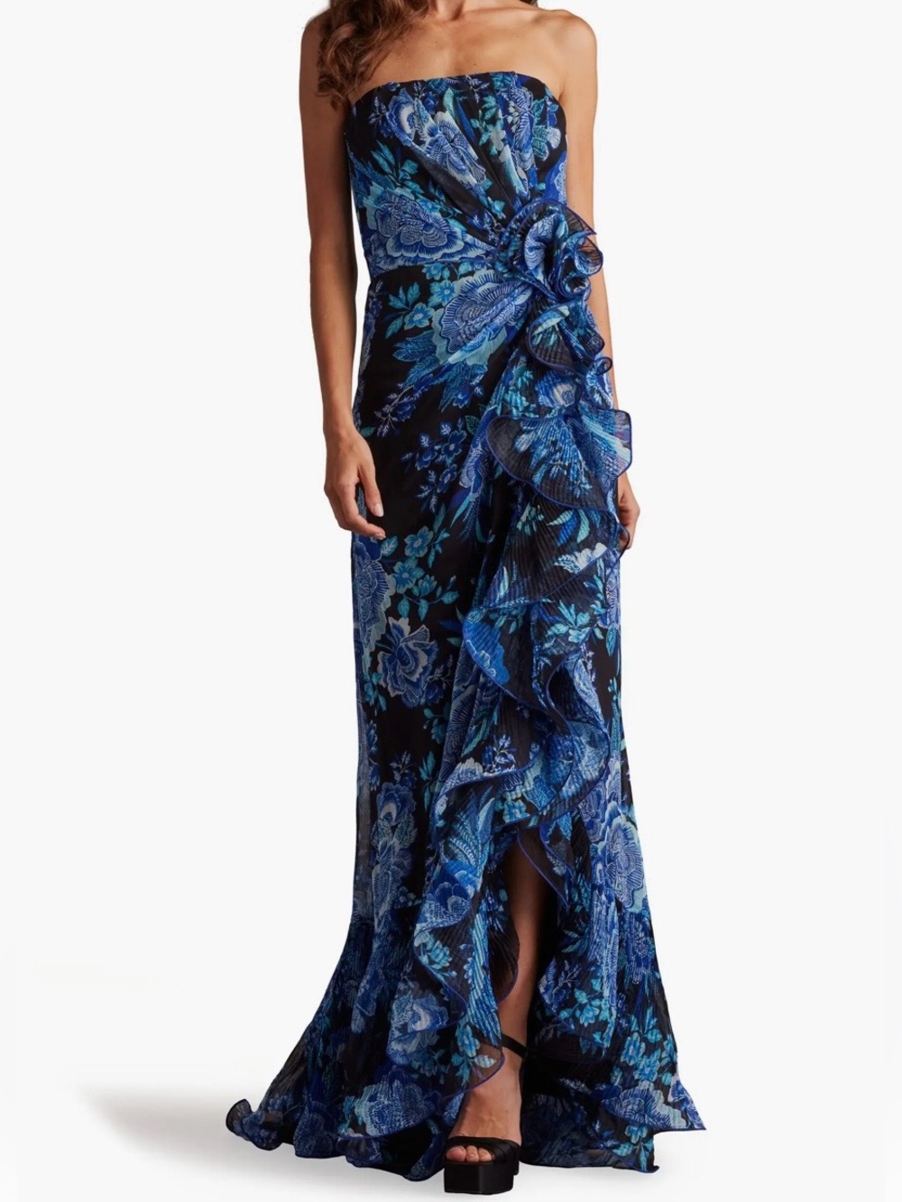 Tadashi Shoji Strapless Morwenna Floral Print Ruffle Gown Size 12 Formal MOB